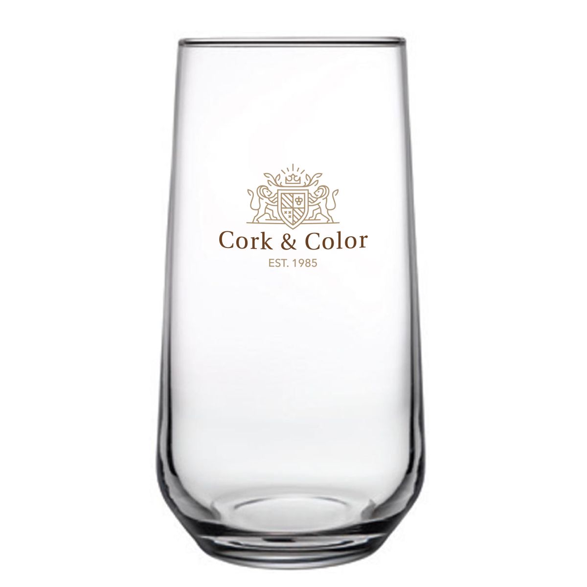 Allegra longdrinkglas 47 cl van glas met CorkColor-logo in meerdere kleuren op het vooraanzicht.