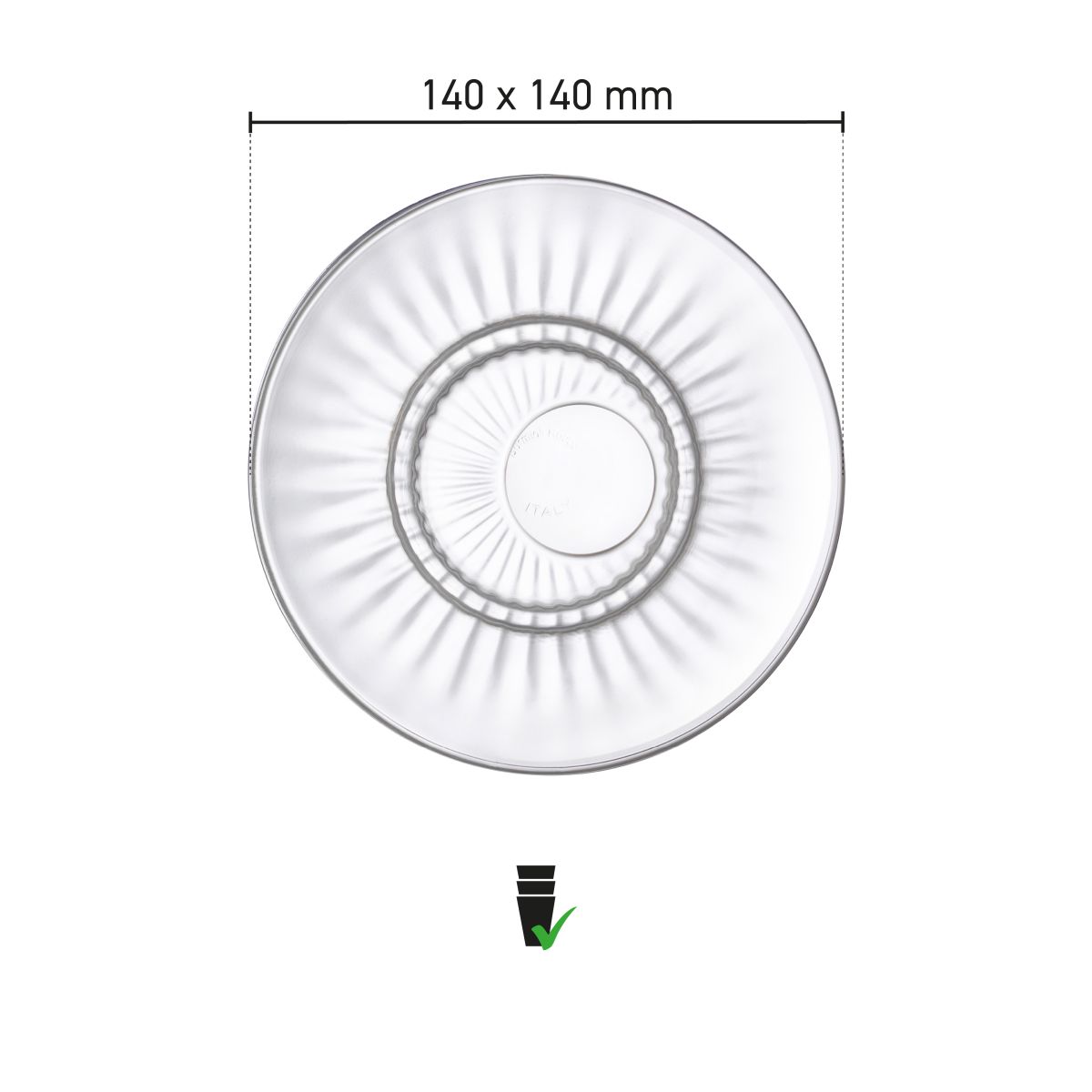 Infographic met exacte afmetingen van Barshine espresso schotel 14 cm glas.