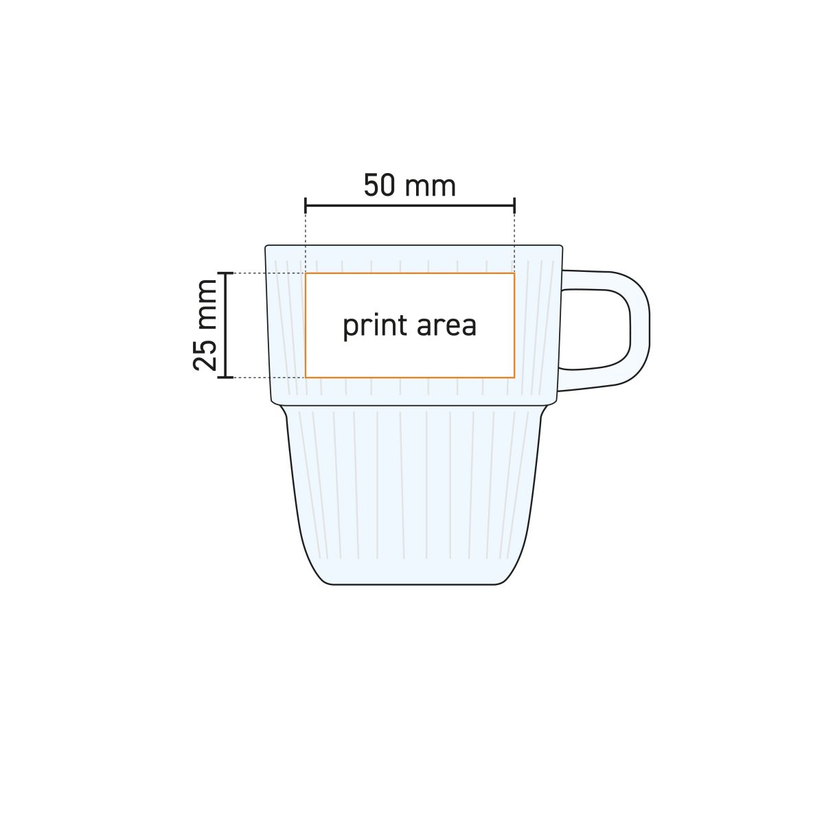 Technische werktekening van het drukgebied op het Barshine Espressoglas 8,9 cl. glas.