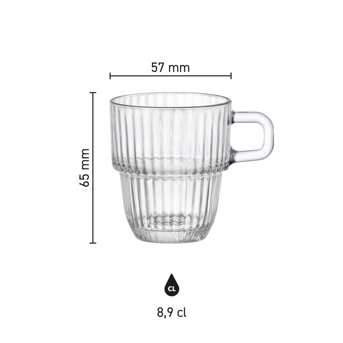 Gedetailleerde infographic met hoogte- en breedtematen van het Barshine Espressoglas 8,9 cl.
