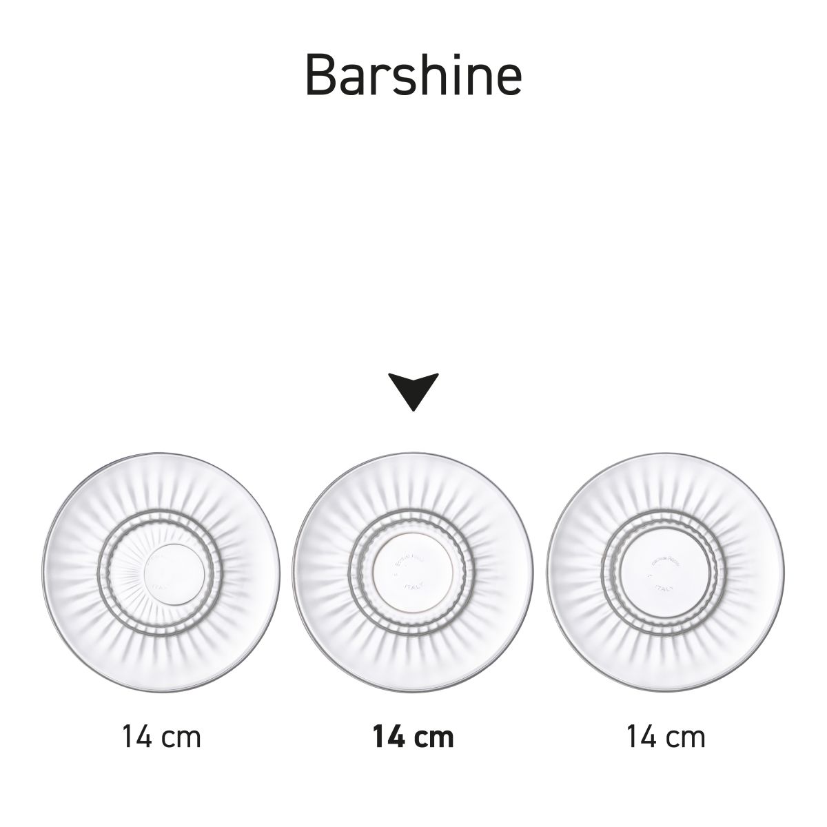 Serieoverzicht van Barshine schotels van 14 cm in glas met verschillende uitvoeringen.