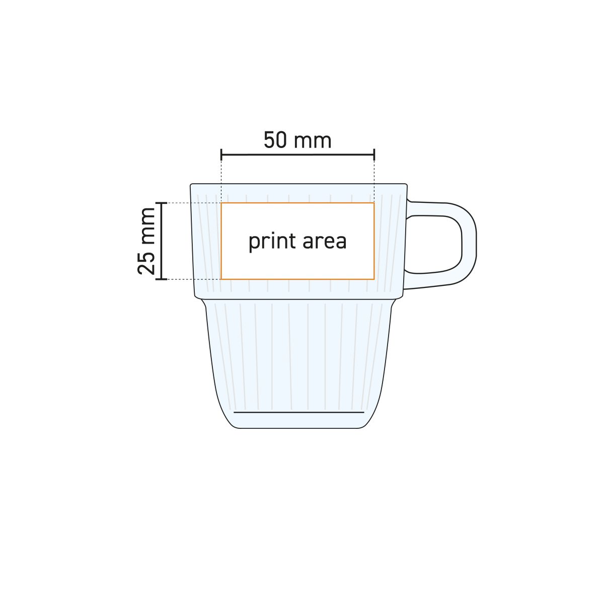 Drukgebiedaanduiding op werktekening van het Barshine Koffieglas 18,5 cl. glas.