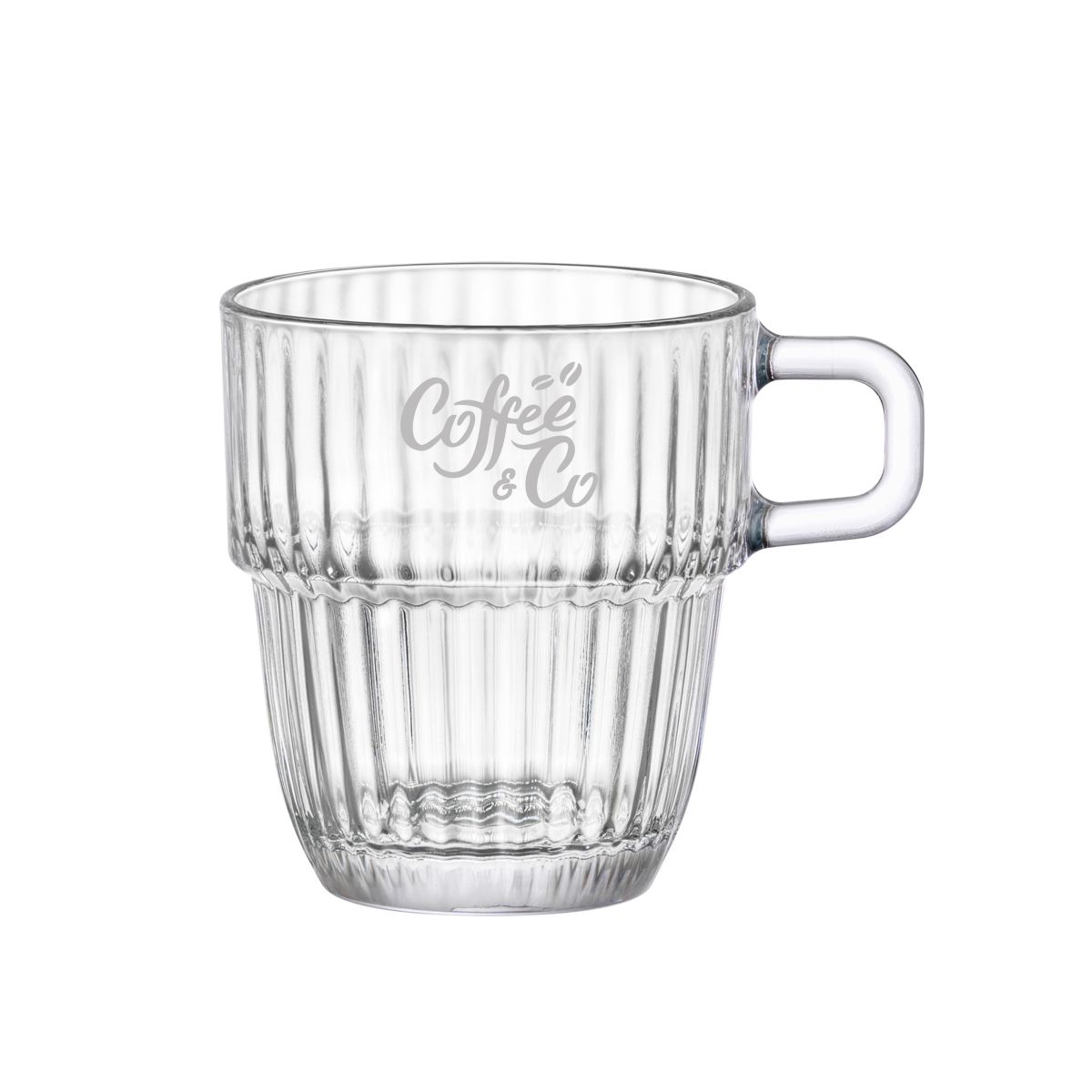 Gegraveerd CoffeeCo-logo gecentreerd op de voorzijde van het Barshine Koffieglas 18,5 cl. glas.