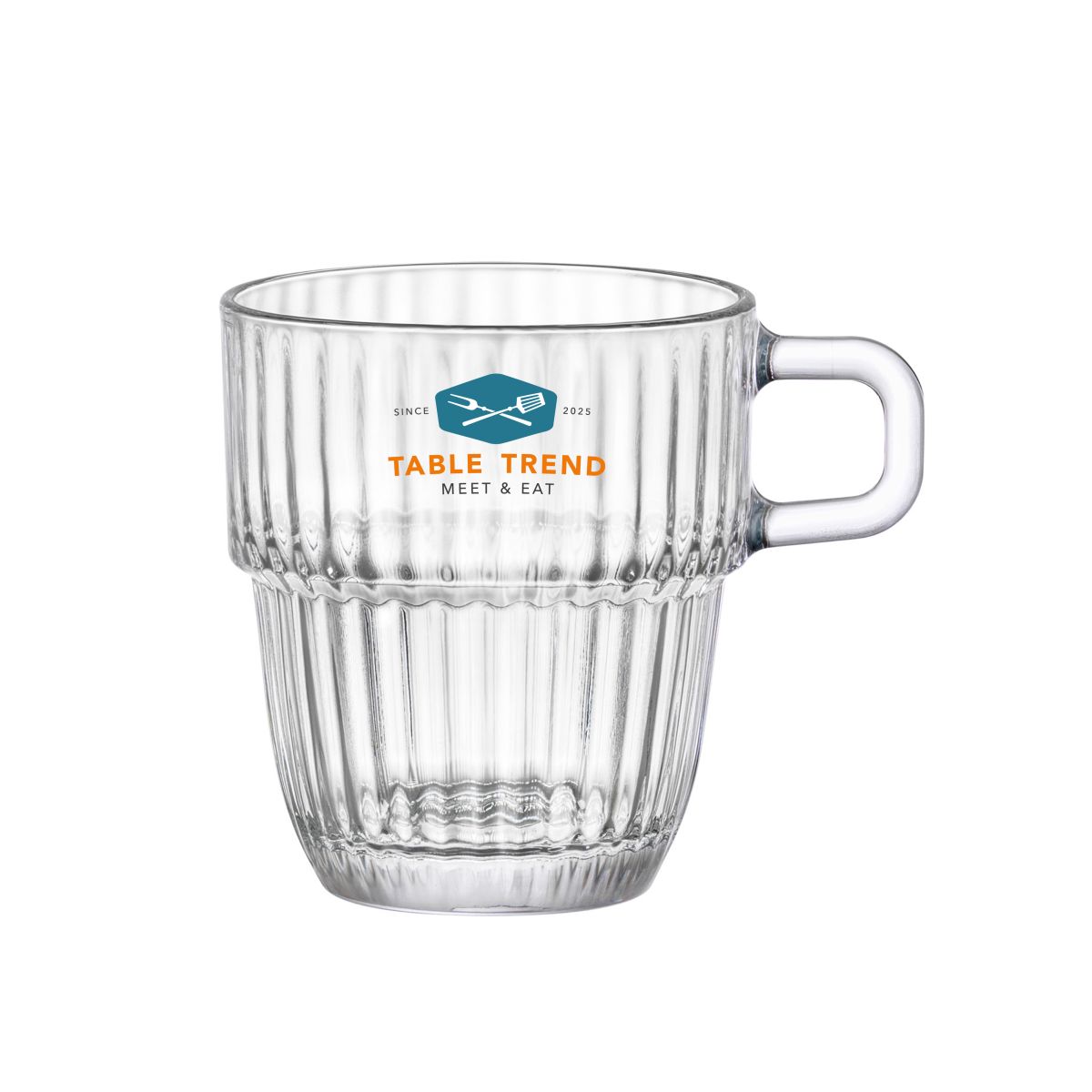 Voorzijde van Barshine Koffieglas 18,5 cl. met meerkleurig TableTrend-logo op het glas gedrukt.