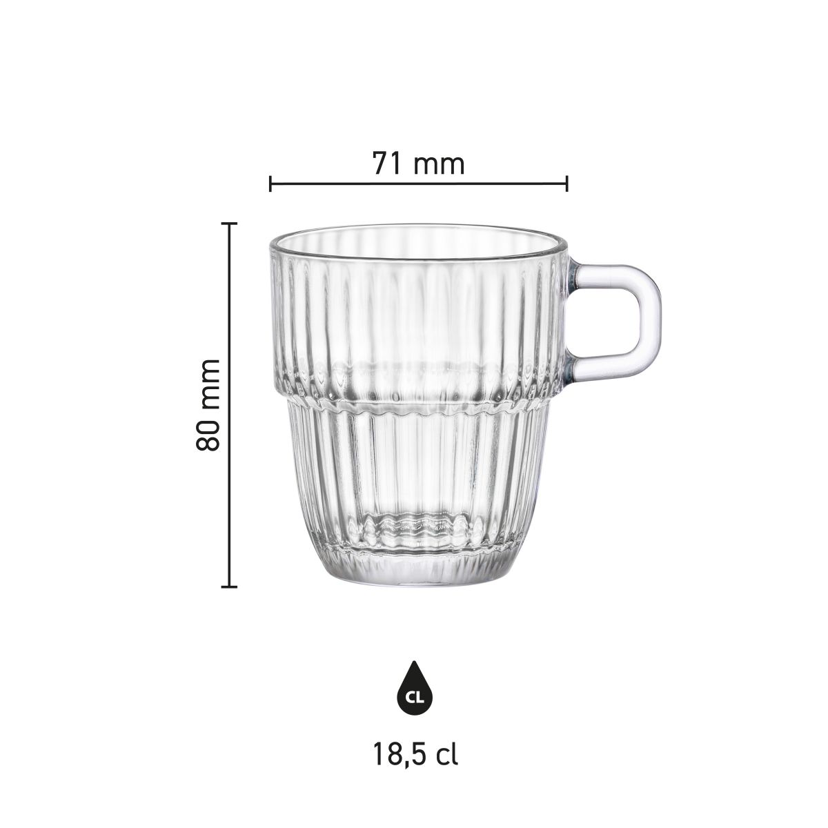 Infogrpahic met hoogte- en diameterafmetingen van het Barshine Koffieglas 18,5 cl. glas.