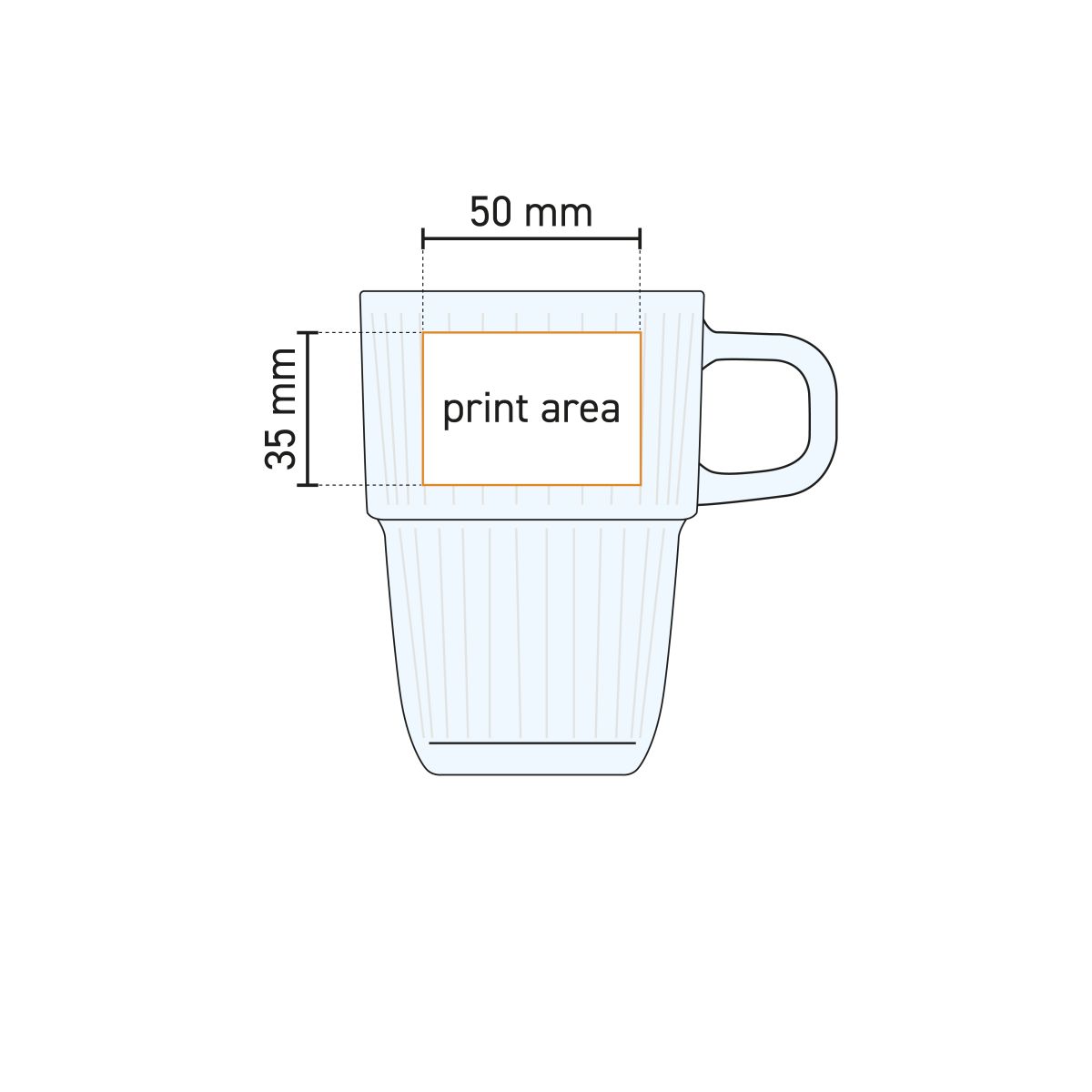 Drukgebied en werktekening van Barshine Latte glas 31,5 cl. voor logoplaatsing in detail.