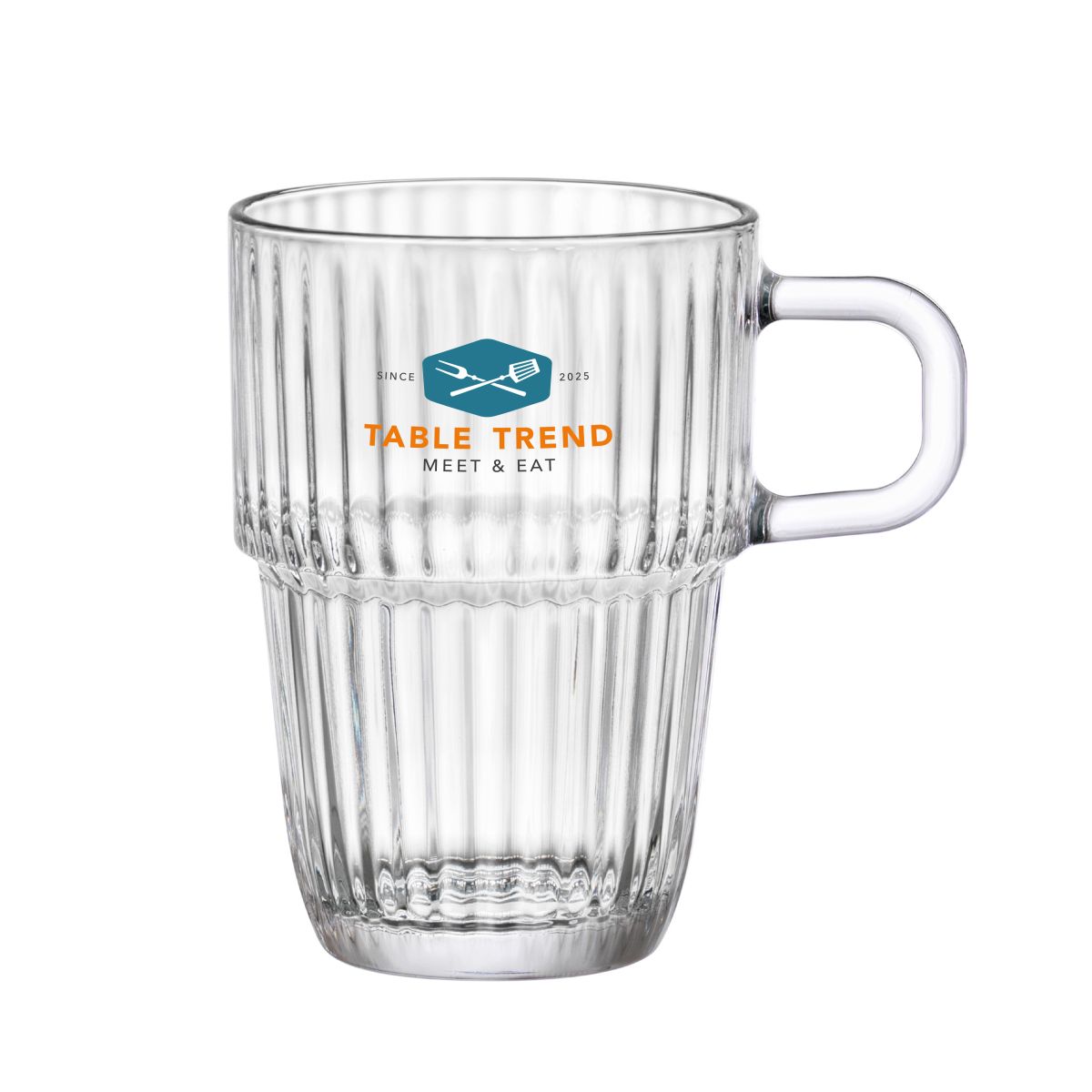 Latteglas met meerkleurig TableTrend-logo op de voorzijde van het Barshine glas 31,5 cl.