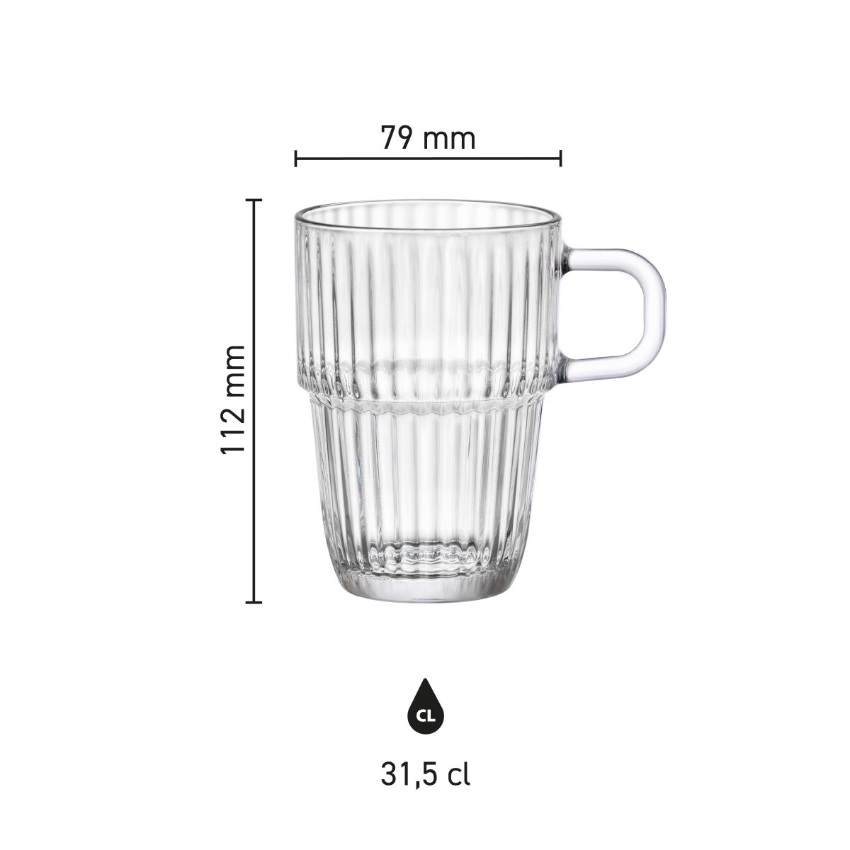 Infographic met afmetingen van Barshine Latte glas 31,5 cl. inclusief hoogte en diameter.