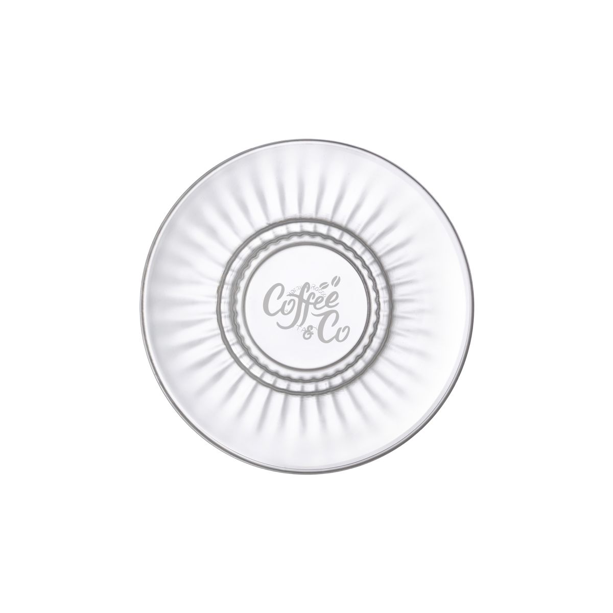 Gravure van CoffeeCo-logo zichtbaar op Barshine schotel 14 cm glas in vooraanzicht.