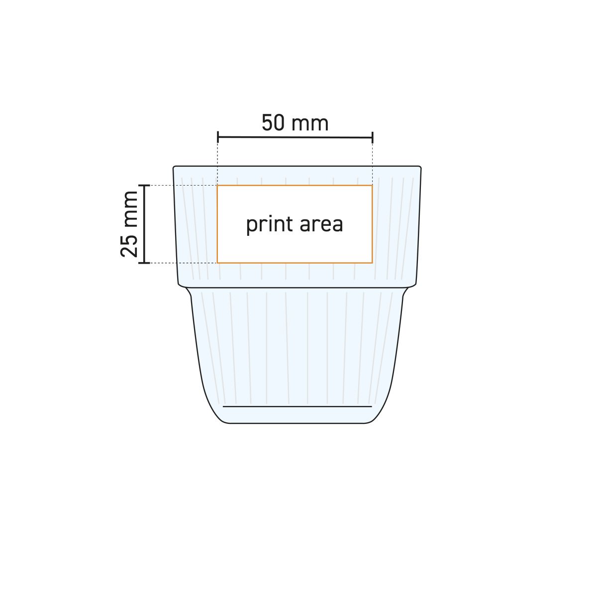 Technische werktekening van Barshine Tumbler glas 21 cl met gemarkeerd drukgebied voor logoplaatsing.
