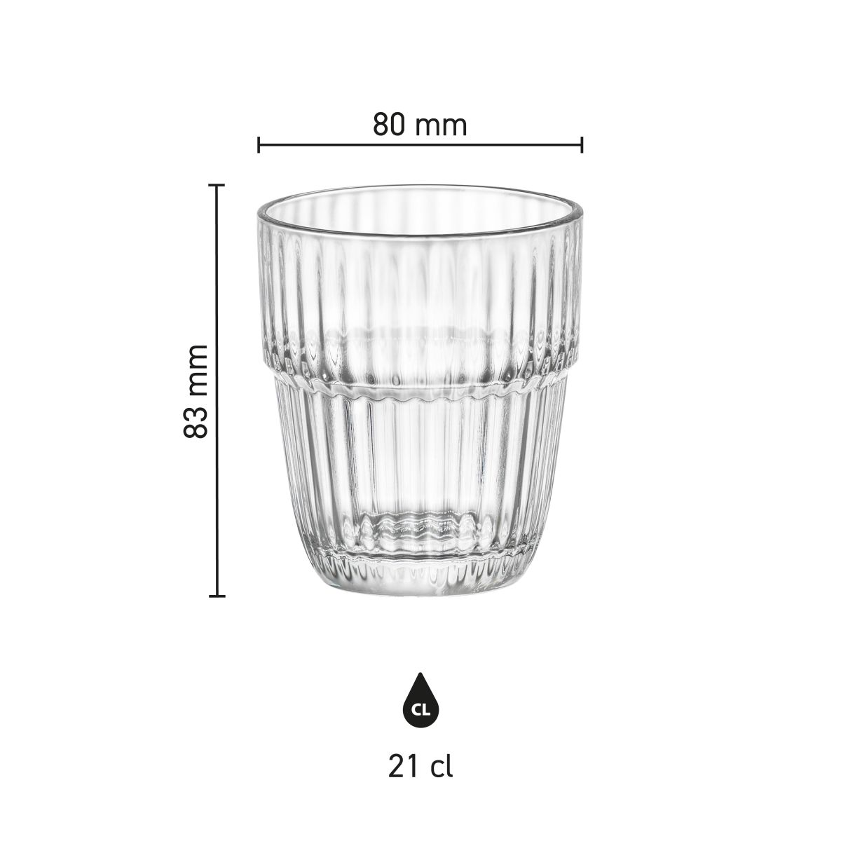 Infographic met specificaties van Barshine Tumbler glas 21 cl inclusief hoogte, breedte en inhoud.