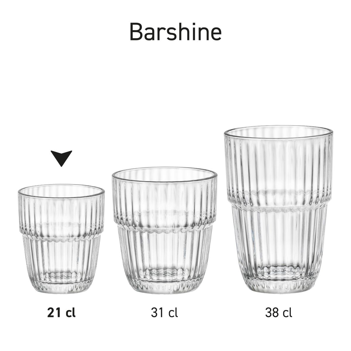 Set Barshine Tumbler glazen in serie-opstelling met herhaalbare vorm en uniforme maatvoering.