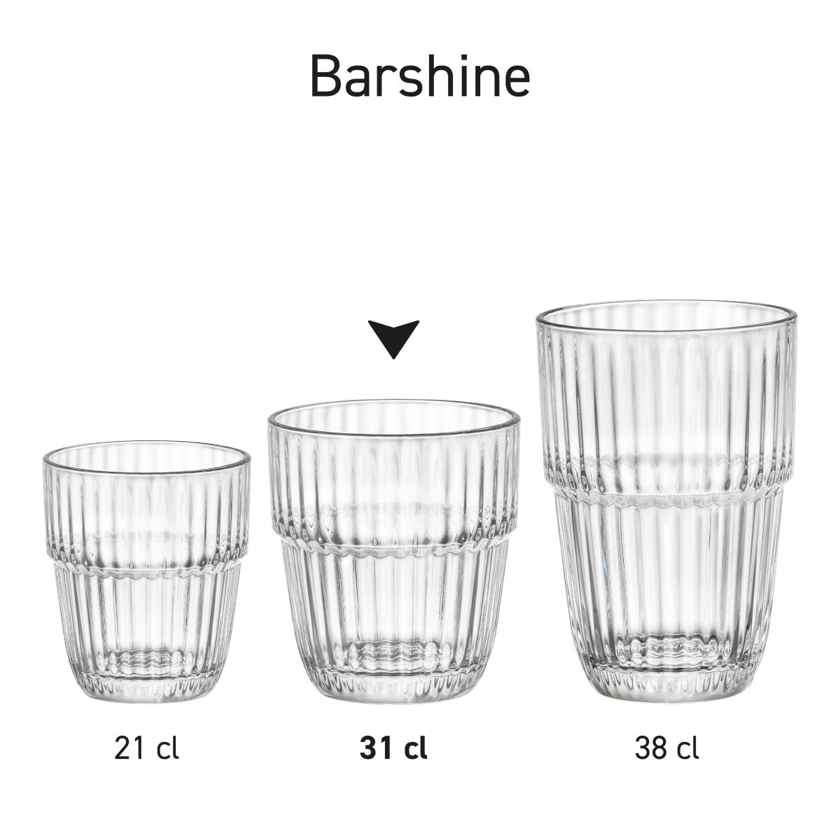 Rij Barshine Tumbler glazen van 31 cl in serie getoond voor visuele vergelijking en uniformiteit.