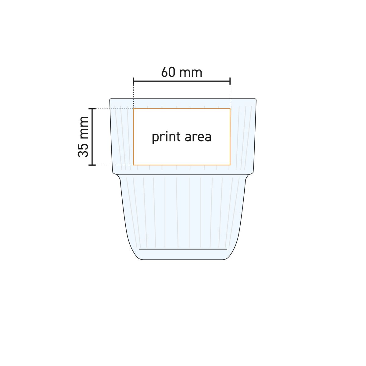 Technische werktekening van Barshine tumbler 38 cl met drukgebied-aanduiding