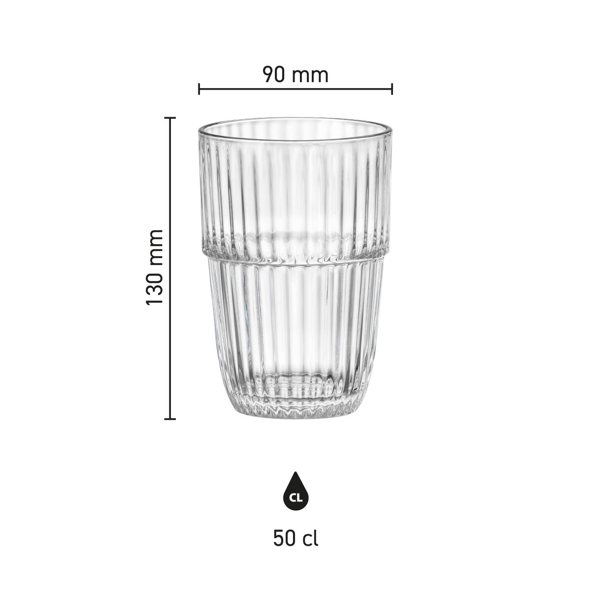 Technische tekening met afmetingen van de Barshine Tumbler 50 cl. glas, inclusief diameter en hoogte.
