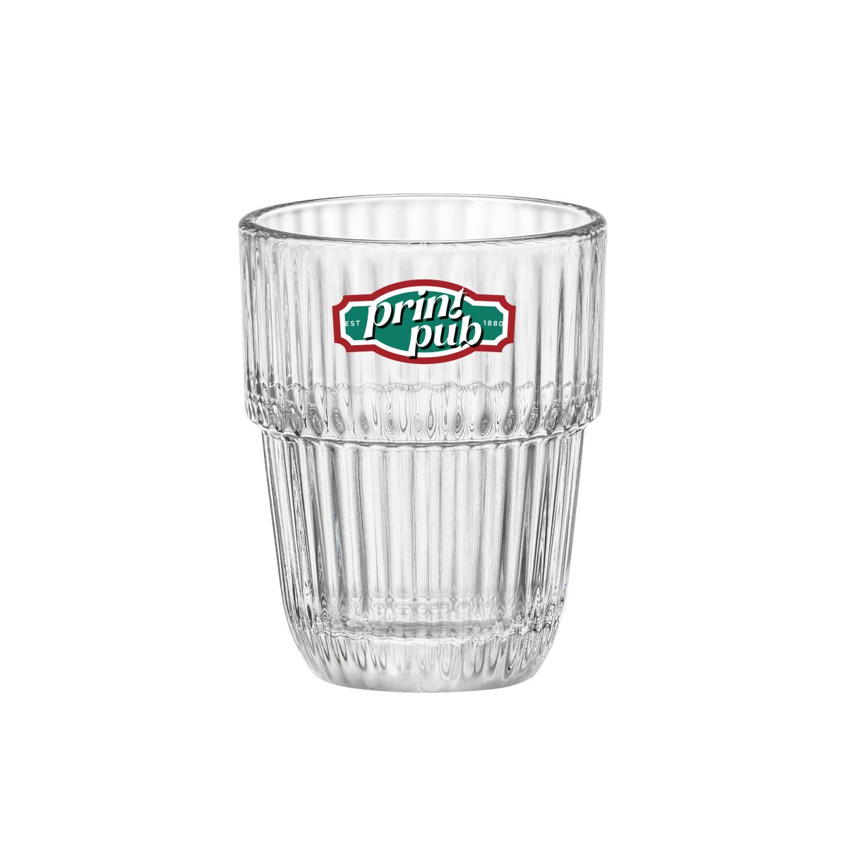 Barshine Tumbler 6,8 cl. met meerkleurig PrintPub-logo op de voorzijde van het glas.