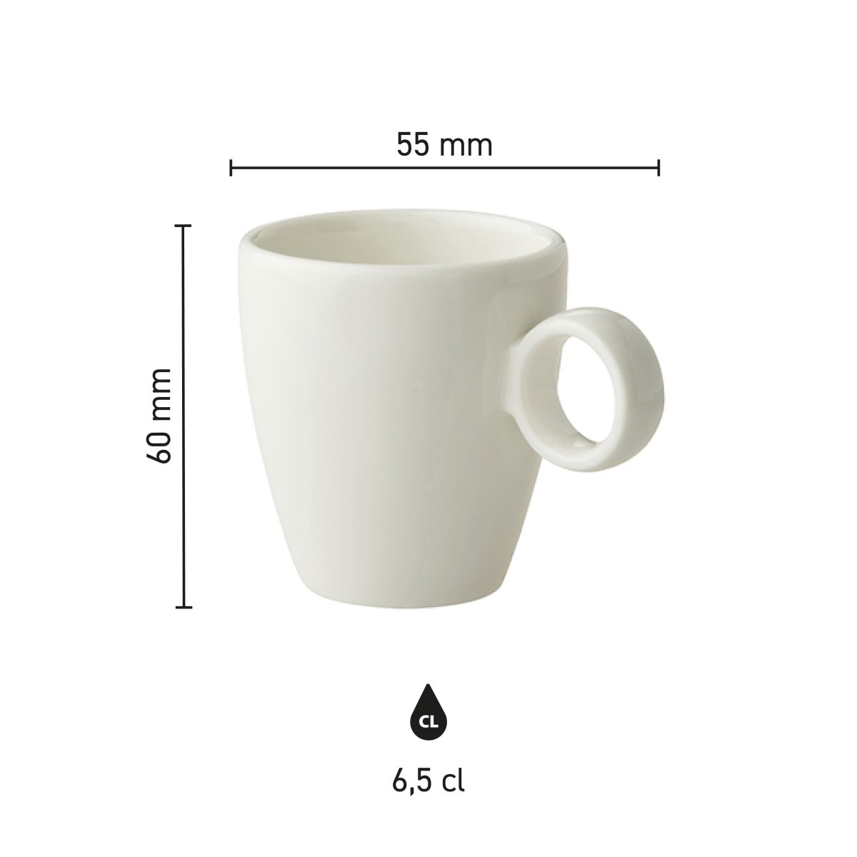 Duidelijke maatvoering van Bart Espresso kop 6,5 cl porselein weergegeven in infographic.