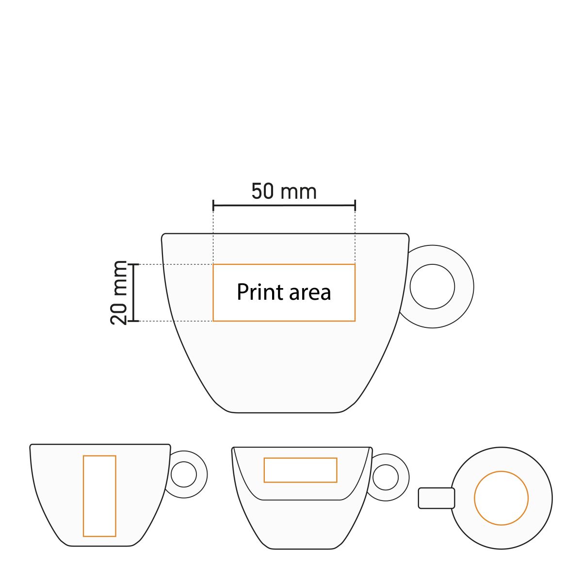 Technische werktekening van Bola Cappuccino 20 cl set in porselein met aanduiding van het drukgebied op beide items.
