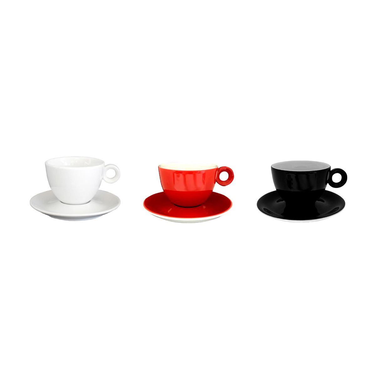 Kleuroverzicht van Bola cappuccinoset 20 cl. in porselein, diverse kleurvarianten naast elkaar.