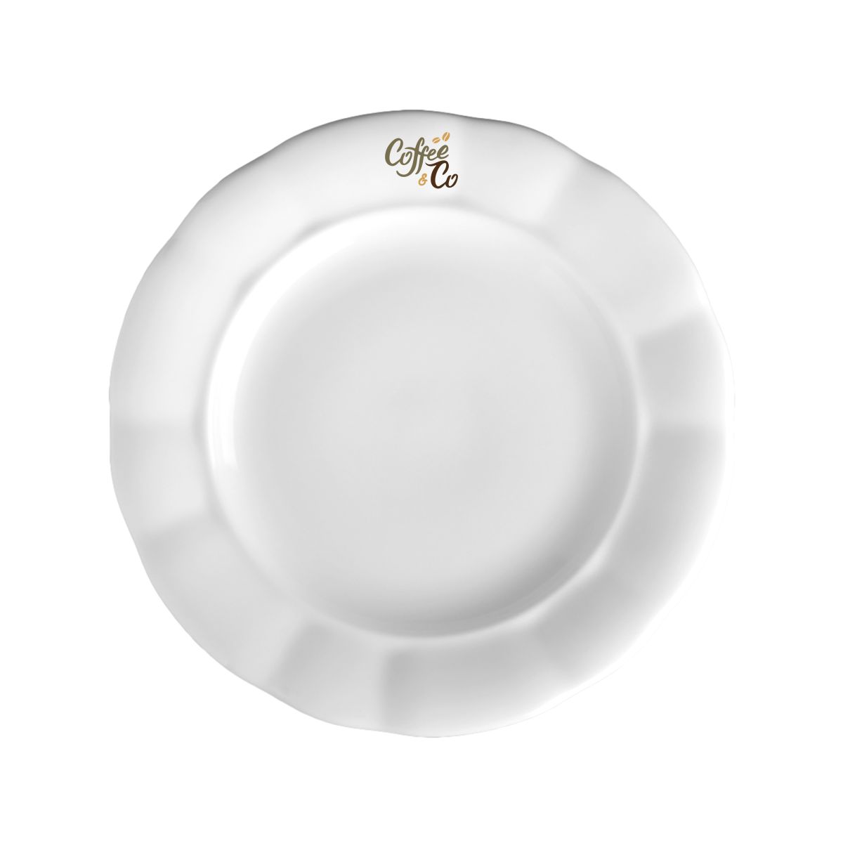 Wit porseleinen bord Bernice 19 cm met meerkleurig CoffeeCo-logo op voorzijde.