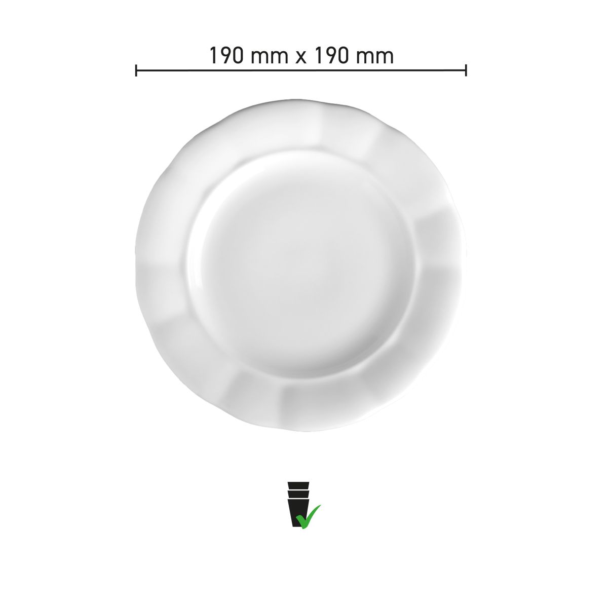 Infographic met productafmetingen van bord Bernice 19 cm in wit porselein.