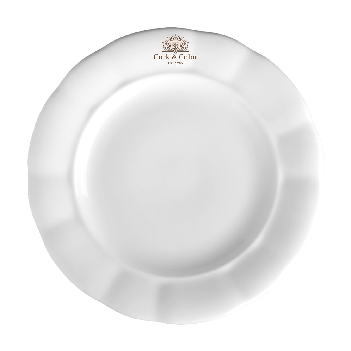 Bord Bernice 24 cm van porselein met éénkleurig CorkColor-logo op het vooraanzicht.