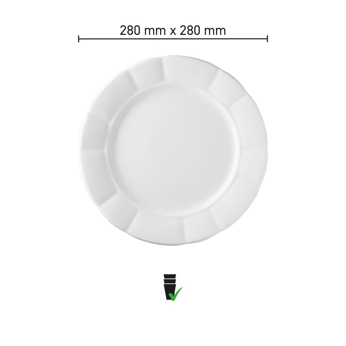 Infographic met productafmetingen van bord Bernice 28 cm in wit porselein.