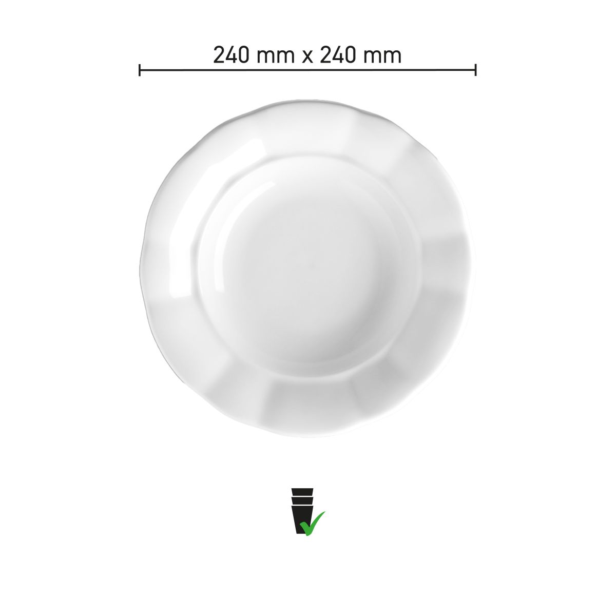 Overzicht van de afmetingen van bord Bernice diep 24 cm porselein als infographic.