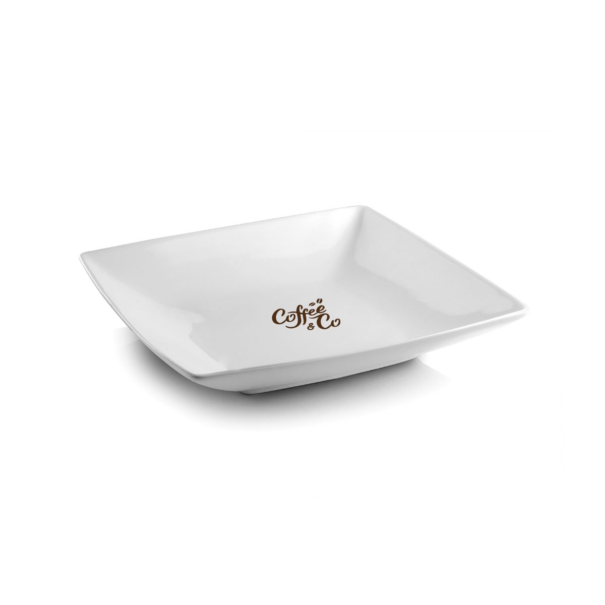 Vierkant diep Squito bord 22 cm van porselein met 1-kleur logo CoffeeCo op het vooraanzicht.