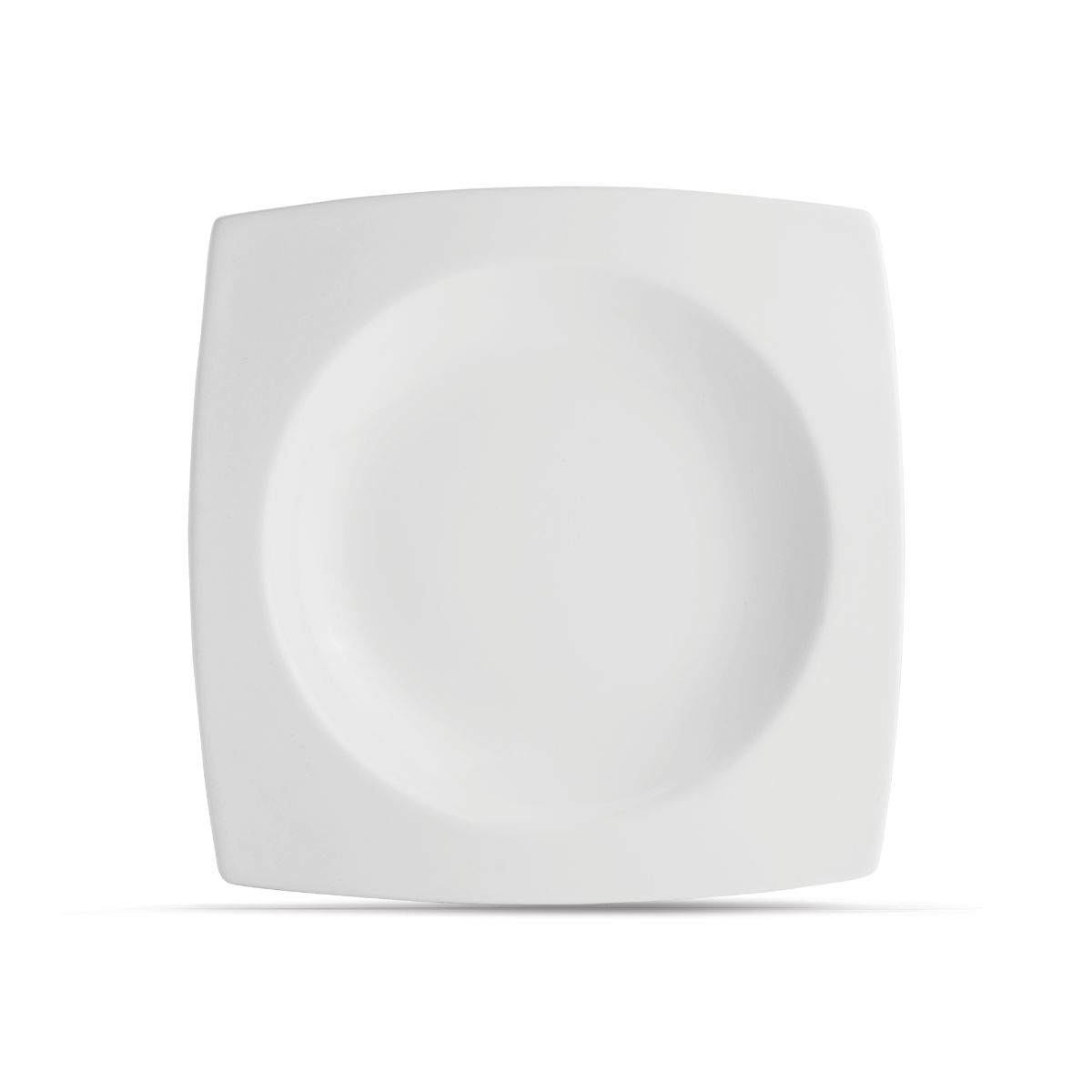 Vierkant diep Squito bord van 27 cm in wit porselein, vooraanzicht met hoge opstaande rand.