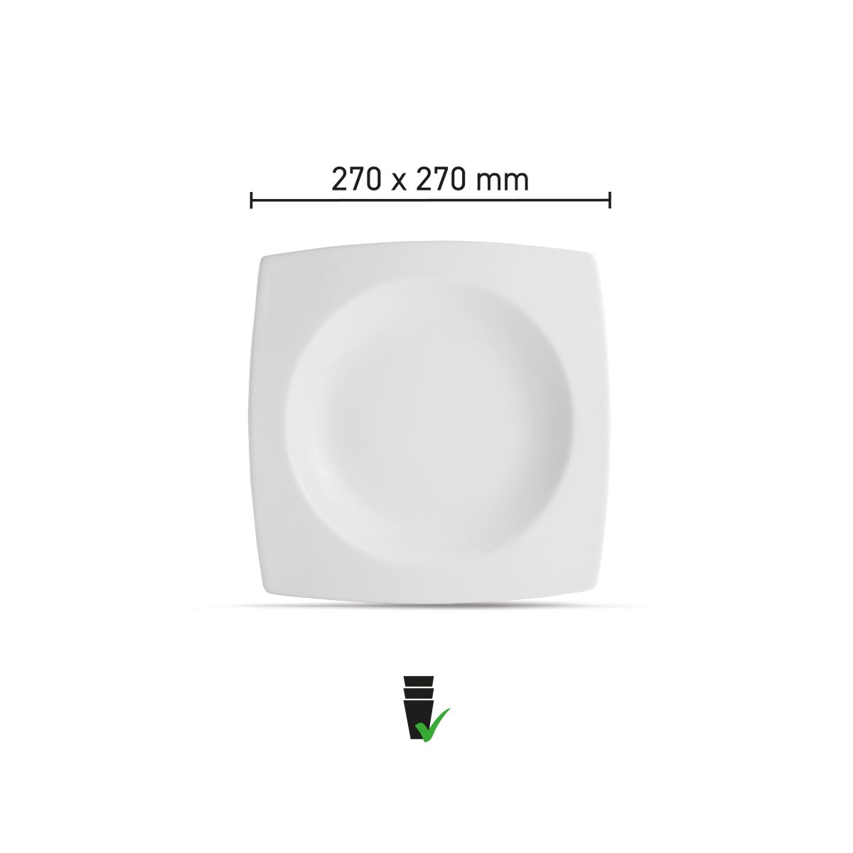 Vierkant diep Squito bord 27 cm van porselein met infographic van productafmetingen en formaatweergave.