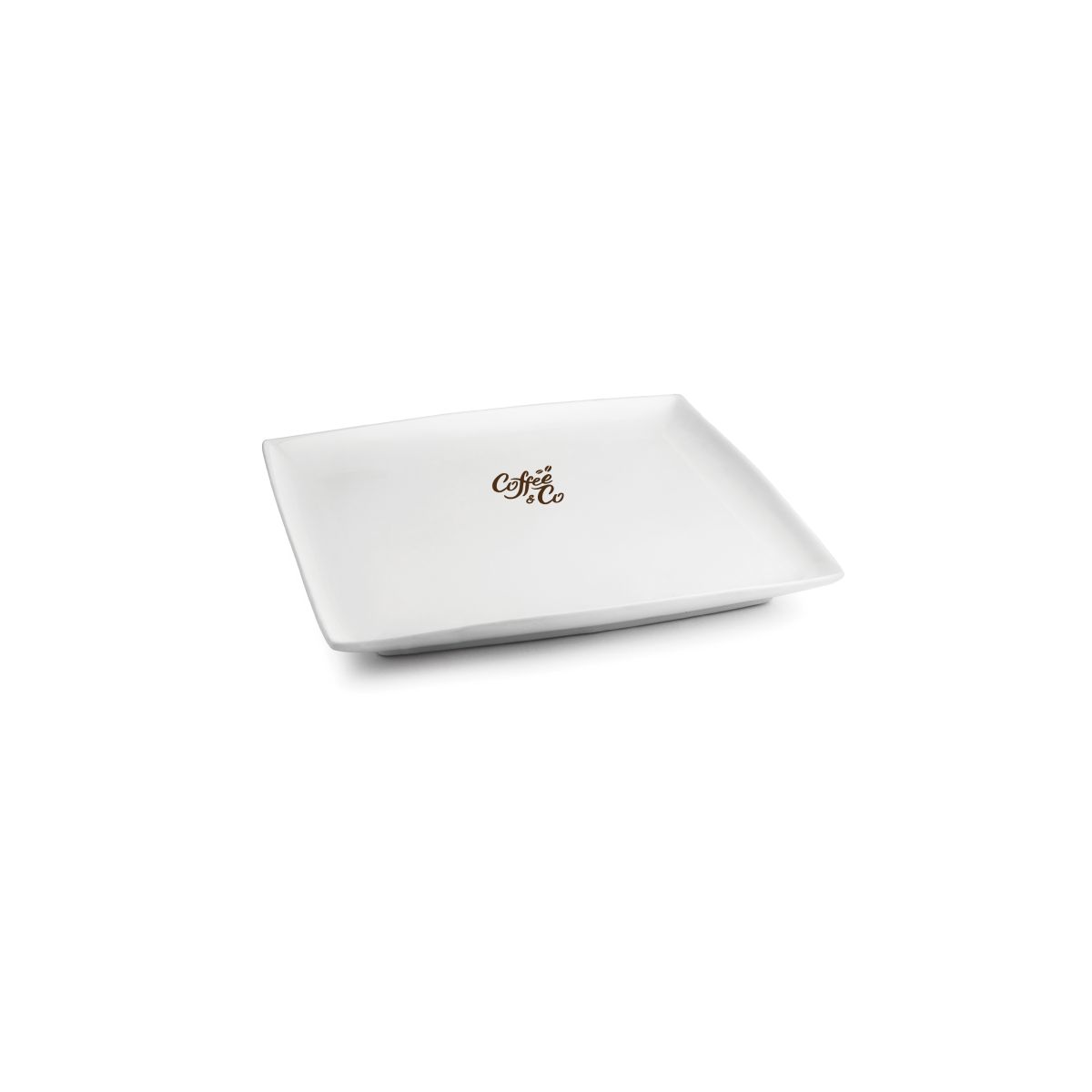Vierkant Squito bord 10 cm porselein met CoffeeCo logo in één kleur op de bovenzijde.