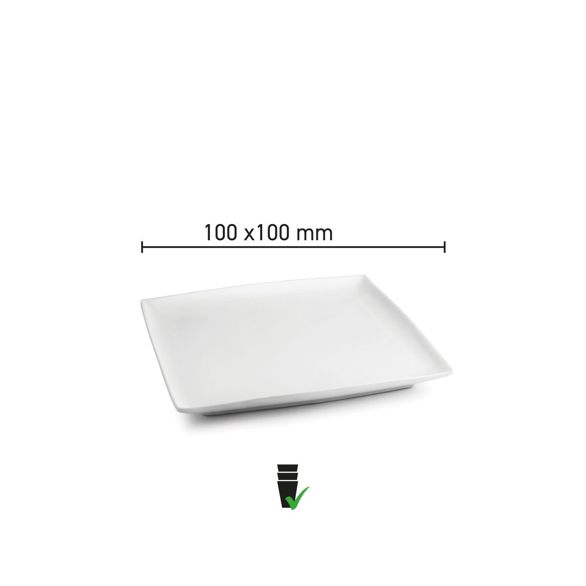 Infographic met productafmetingen van het vierkante Squito bord 10 cm in porselein.