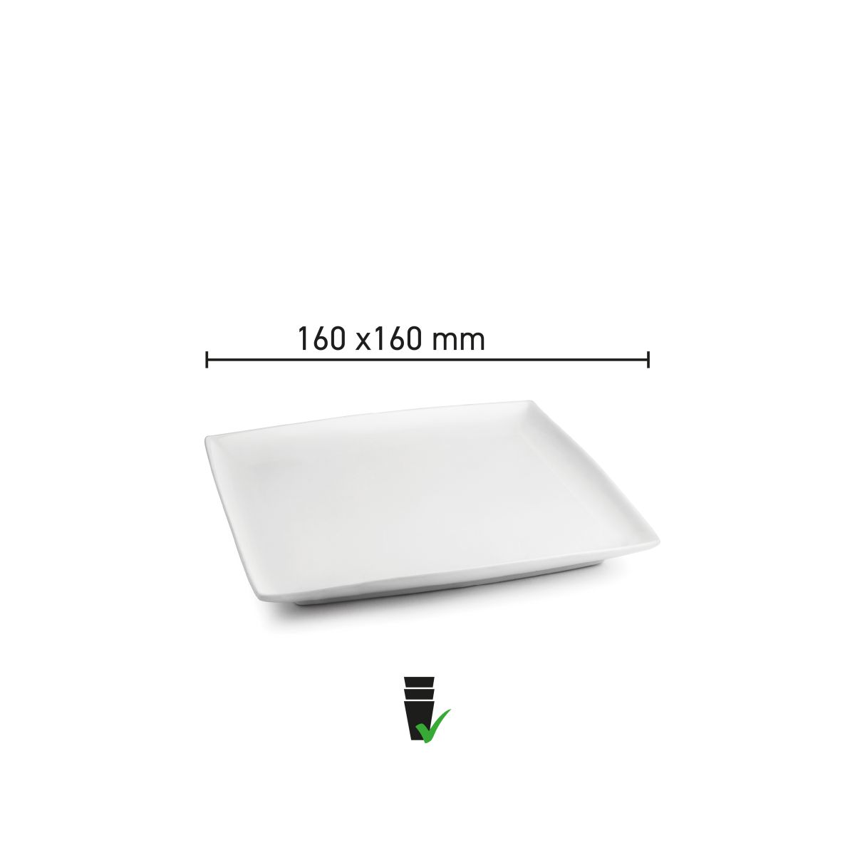 Infographic met afmetingen van het vierkante Squito bord 16 cm in porselein.