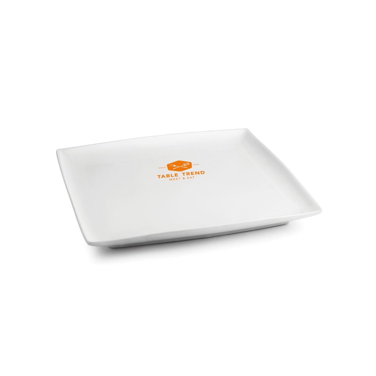Vierkant Squito bord 18 cm van porselein met 1-kleur logo TableTrend op het vooraanzicht.