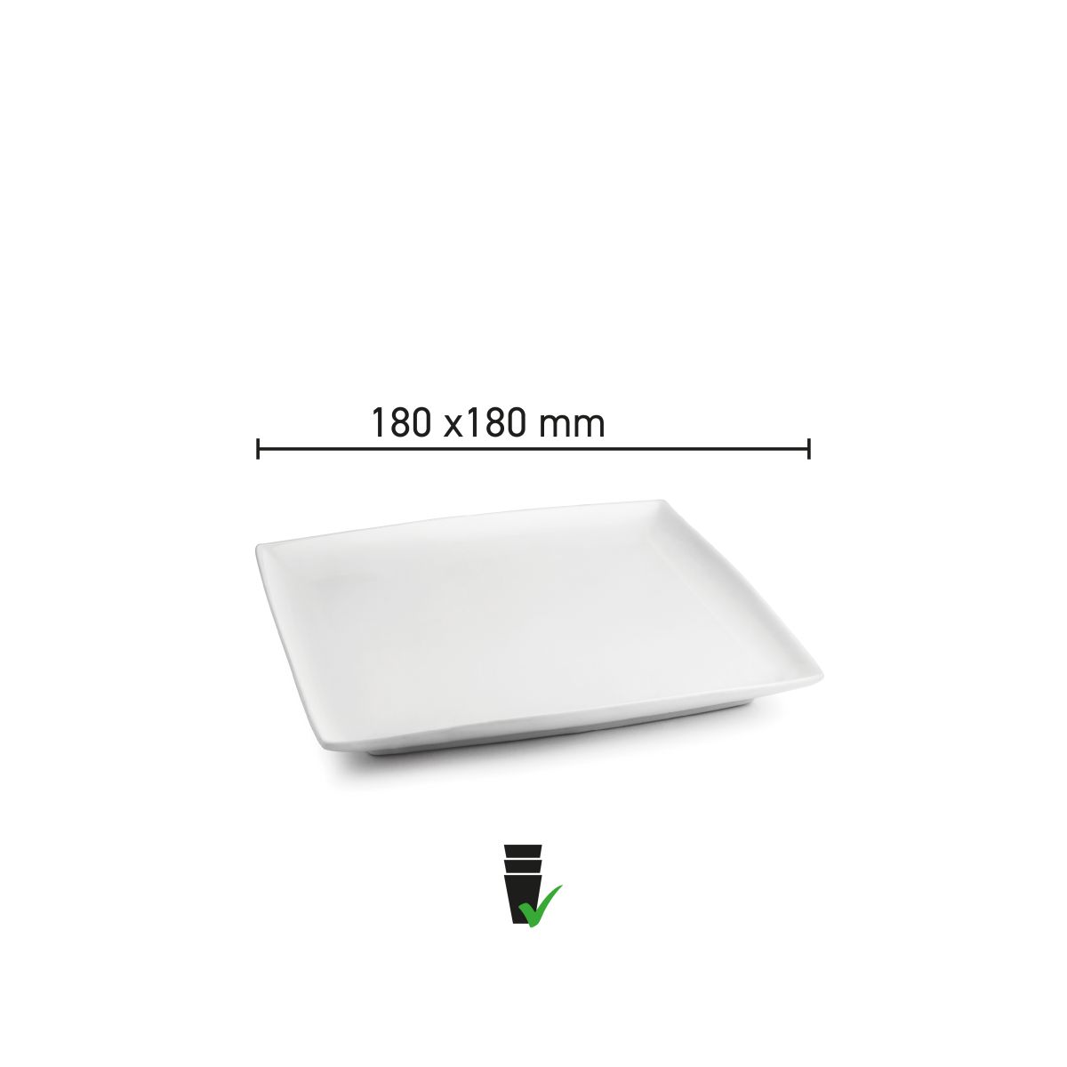 Infographic met afmetingen van het vierkante Squito bord 18 cm in porselein.