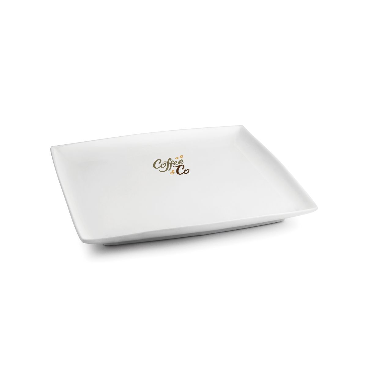 Vierkant Squito bord 23 cm van porselein met meerkleurig logo CoffeeCo op het vooraanzicht.