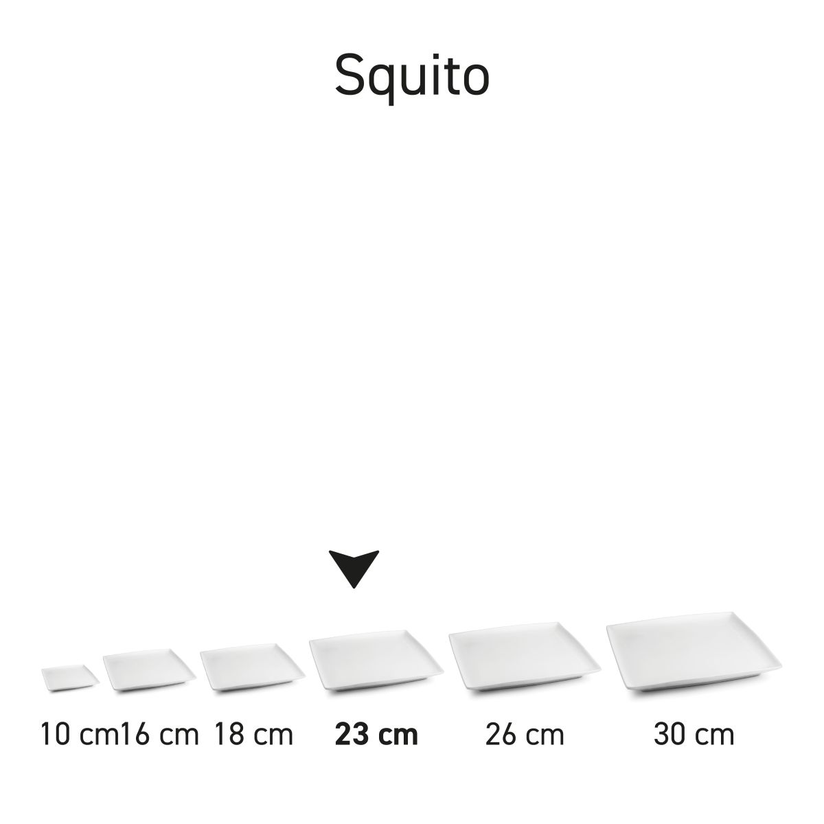 Overzicht van de Squito serie in porselein, meerdere vierkante borden naast elkaar.