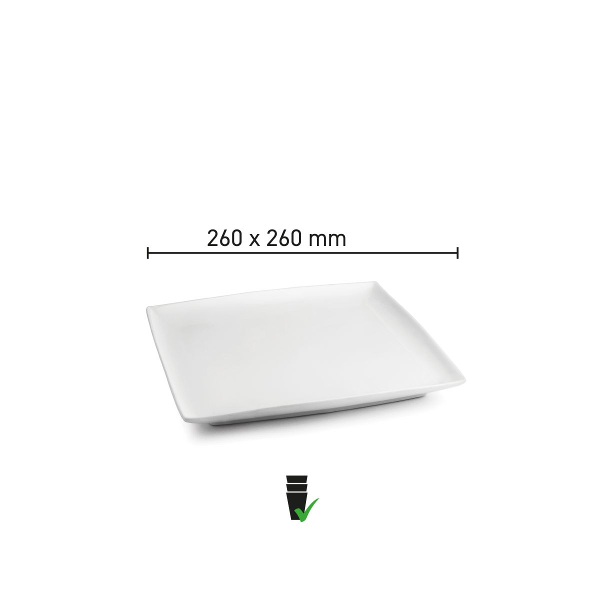 Vierkant Squito bord 26 cm van porselein met infographic van productafmetingen en formaatweergave.