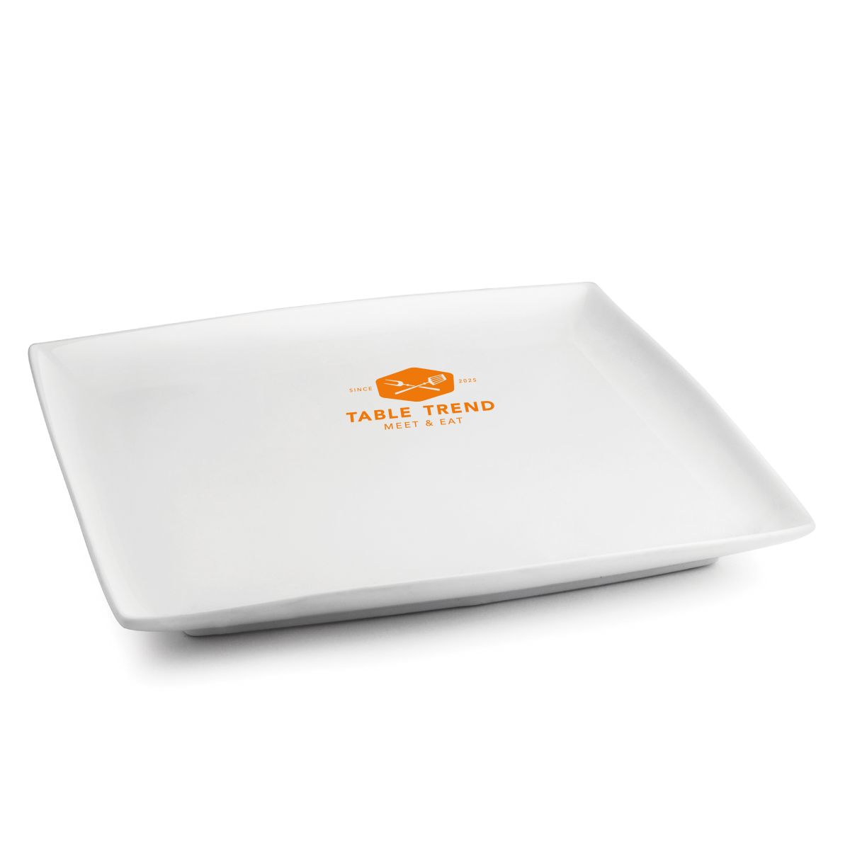 Vierkant Squito bord 30 cm van porselein met 1-kleur logo TableTrend op het vooraanzicht.