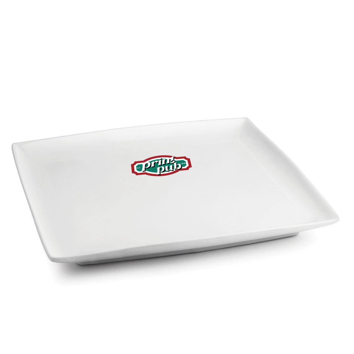 Vierkant Squito bord 30 cm van porselein met meerkleurig logo PrintPub op het vooraanzicht.