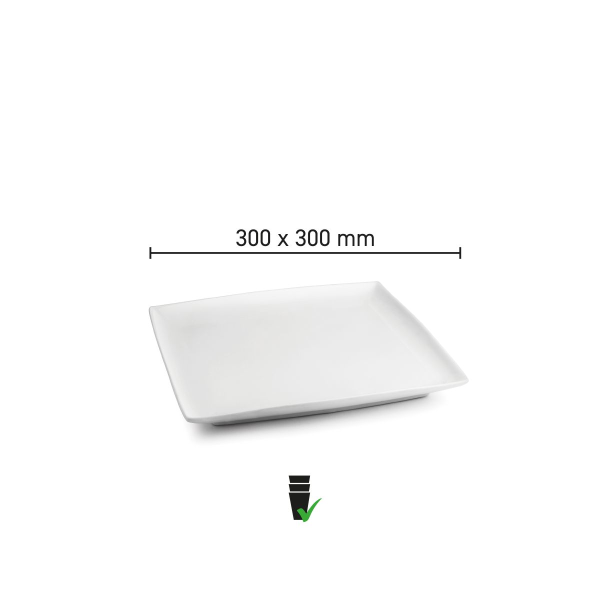 Infographic met afmetingen van het vierkante Squito bord 30 cm in porselein.