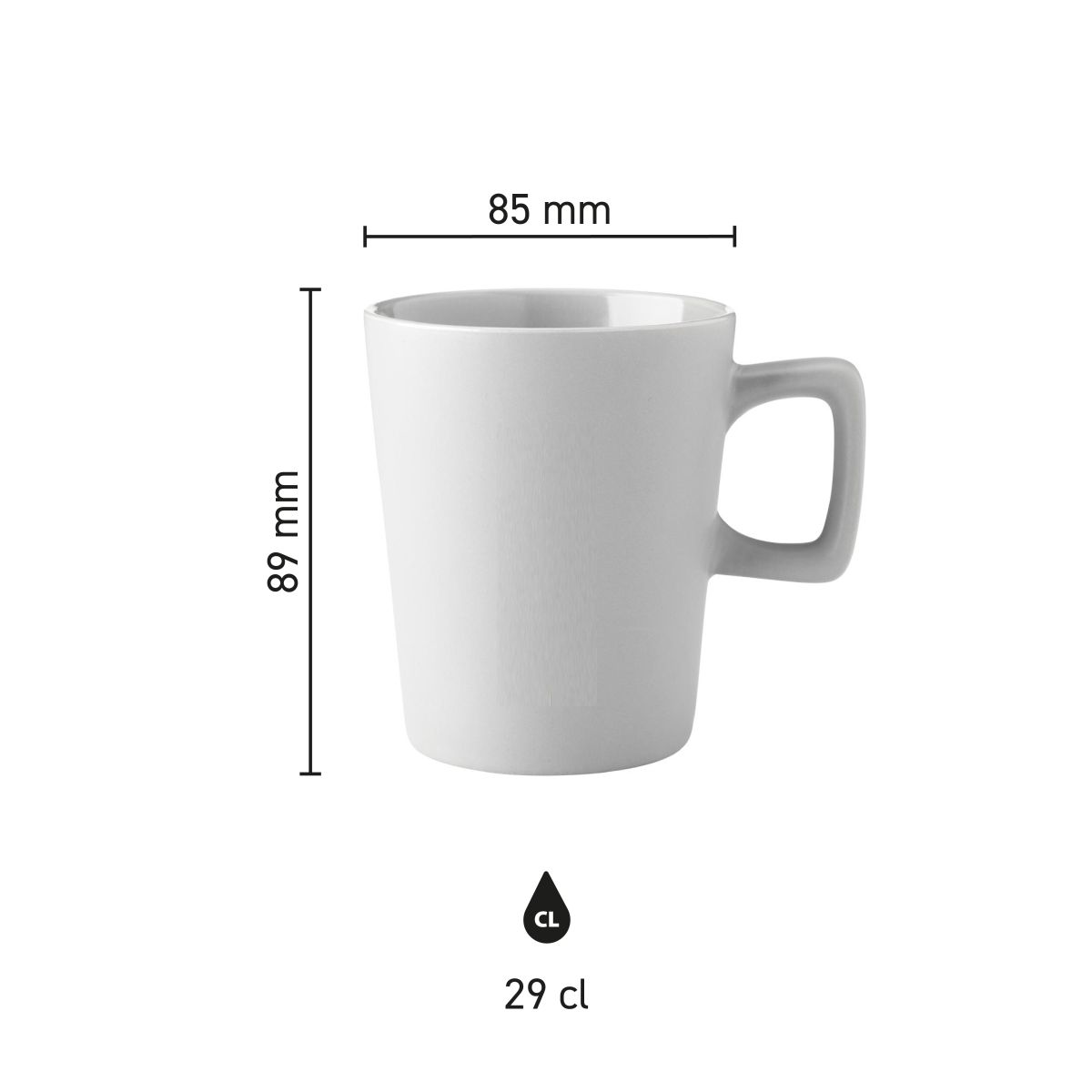 Infographic toont hoogte en diameter van Calvin mok 29 cl. porselein met maatlijnen.