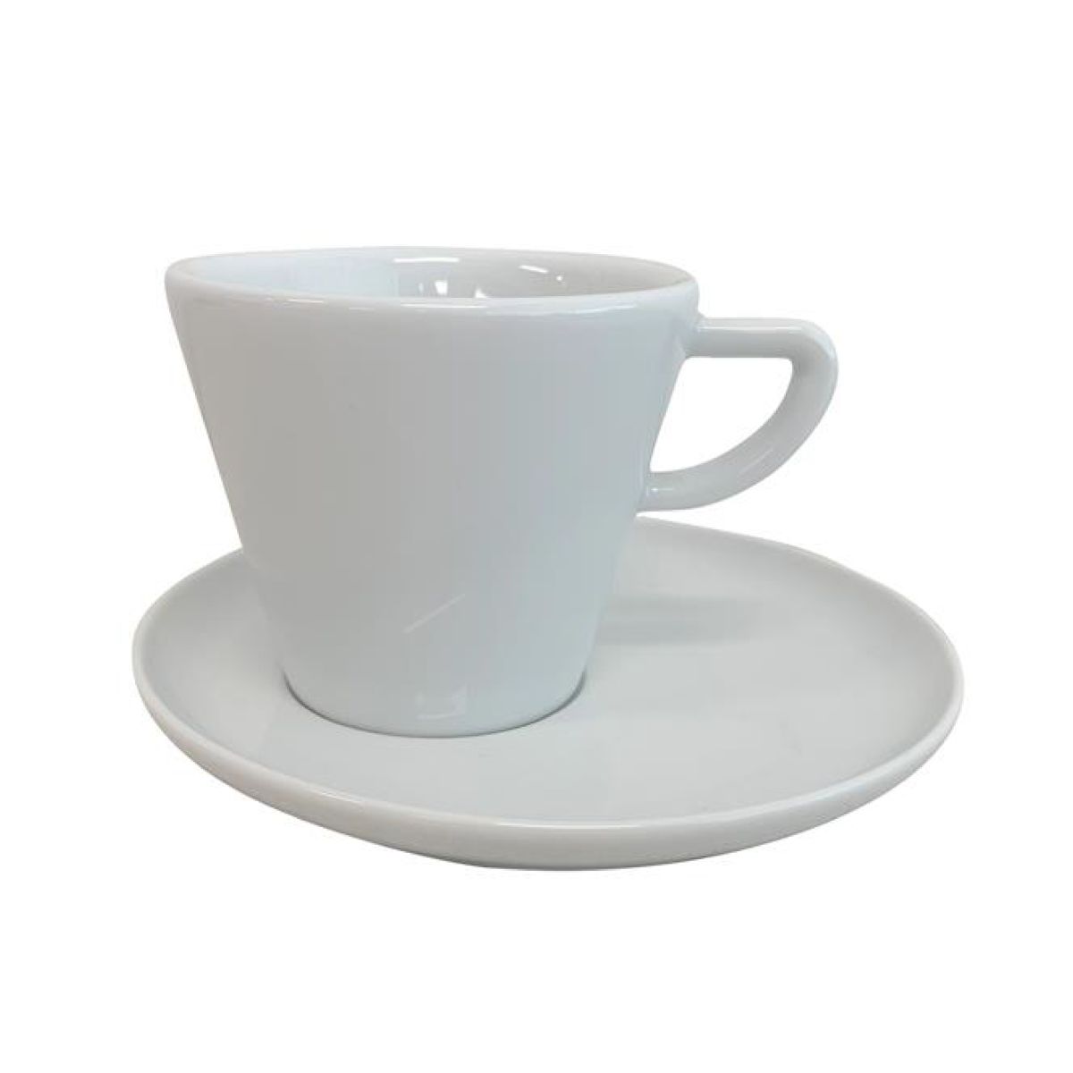 Vooraanzicht van Delta cappuccino kop en schotel set 20 cl. van porselein, cappuccino kopje met rond oor en schotel.