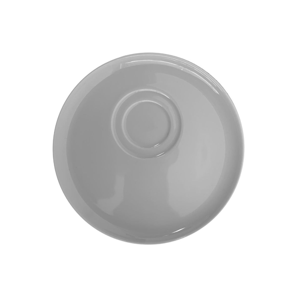 Vooraanzicht van Delta schotel 15 cm van wit porselein met vlakke rand, ronde porselein schotel voor koffie- of espressokop.
