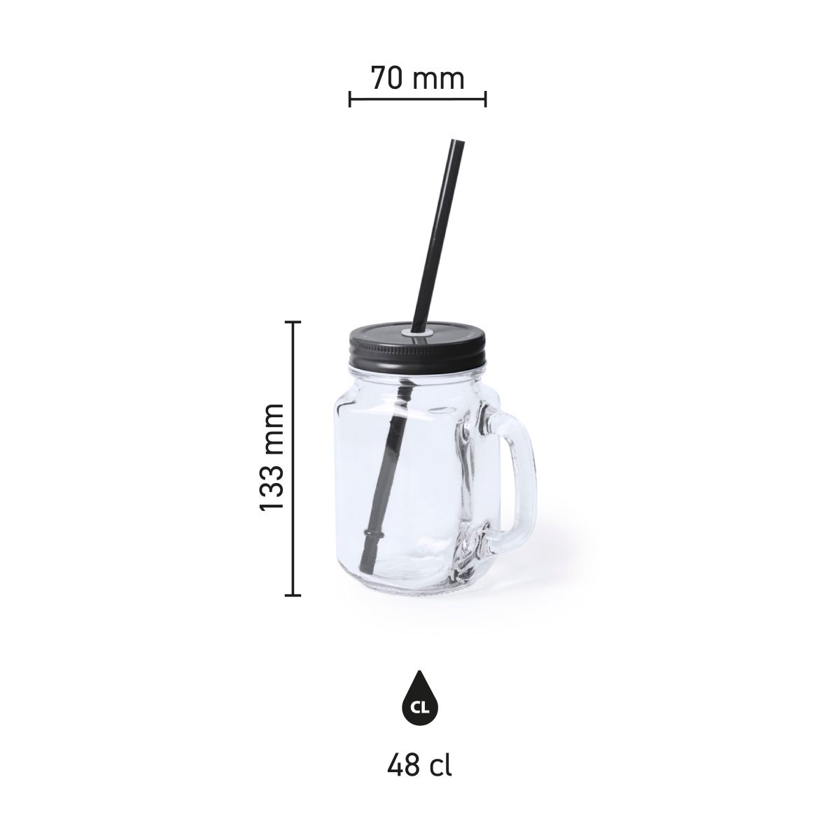 Maatvoering van Drink jar Country 48 cl met deksel met hoogte, diameter en inhoud in infographic