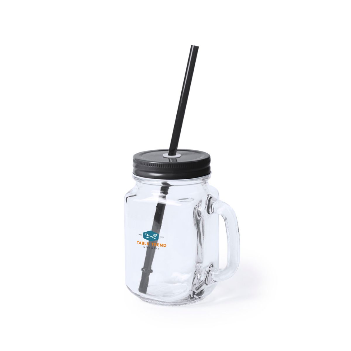 Drink Jar Country 48 cl glas met meerkleurig TableTrend logo op voorzijde en metalen deksel.