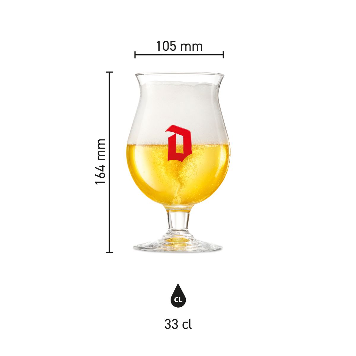Infographic van Duvel bierglas 33 cl met productafmetingen inclusief hoogte, diameter en inhoud duidelijk weergegeven