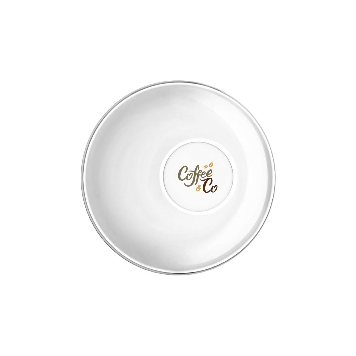 Easy Bar espresso schotel 14 cm van glas met CoffeeCo-logo in meerdere kleuren op het vooraanzicht.