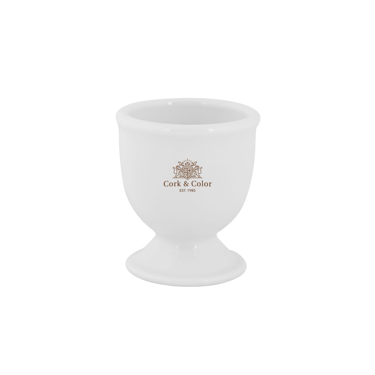 Porseleinen eierdopje Essentials met CorkColor-logo in één kleur op de voorkant, wit servies met bedrukking.